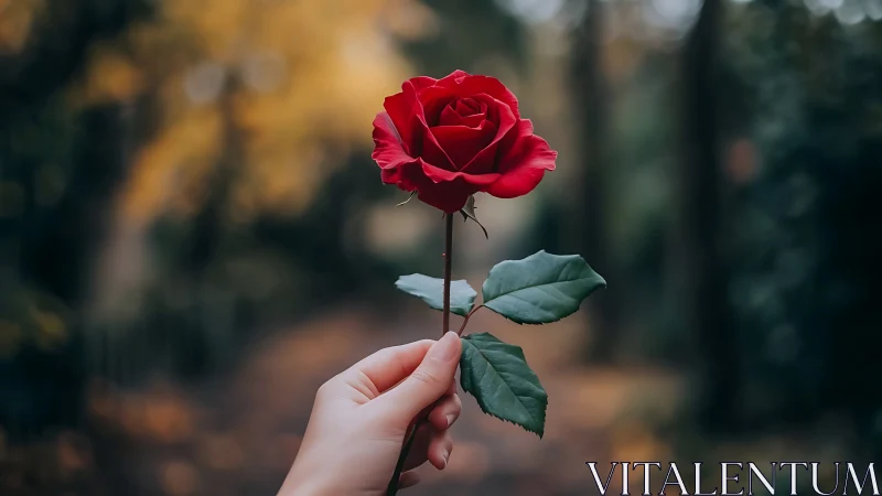 Single Red Rose with Green Foliage Held in Hand Against Blurred Garden