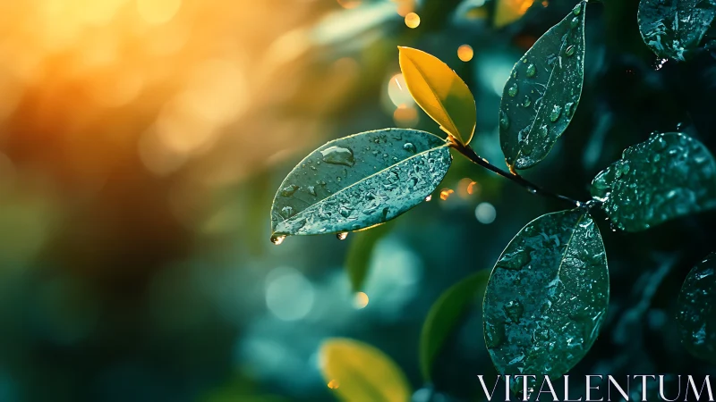 Sunlit raindrops resting gently on fresh garden leaves.