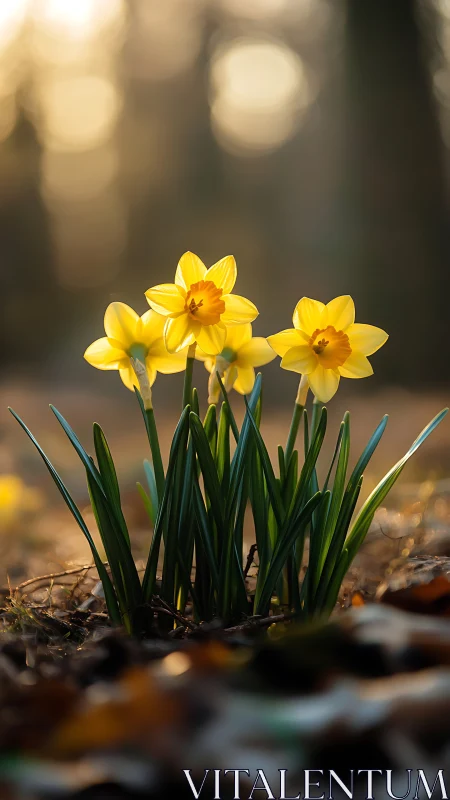 Yellow Daffodils in Sunlit Garden Setting