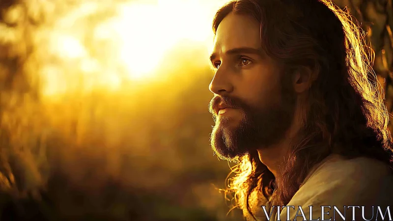Bearded man in golden sunset light gazes into distance.