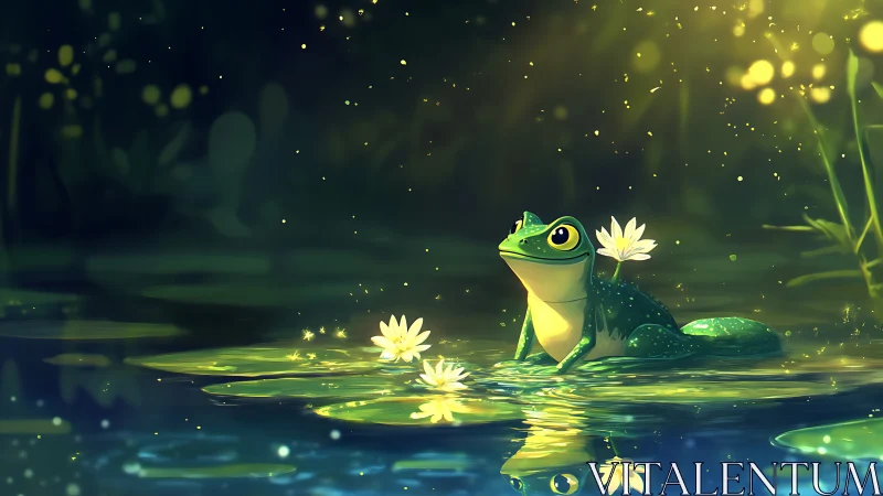 Frog on lily pad under soft glowing pond light at night.