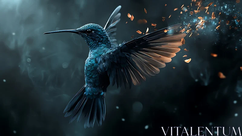Iridescent hummingbird in shattering ember-lit flight study.