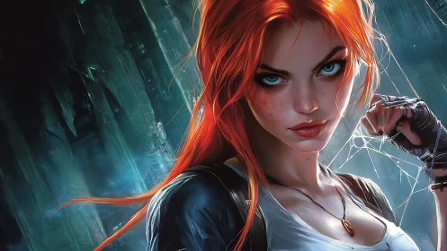 Red haired woman in urban setting with intense direct gaze.