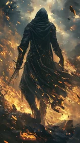 Hooded warlock strides through infernal storm of embers.