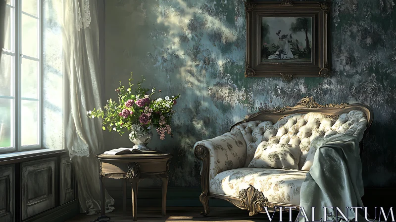 Sunlit vintage settee corner wrapped in quiet afternoon glow.