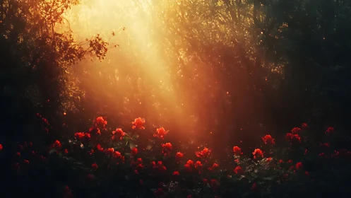 Sunlit crimson flowers beneath glowing forest canopy.