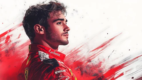 Digital painting portrait with dynamic red motion streaks.