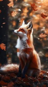 Autumn fox poised beneath swirling copper leaves in forest.