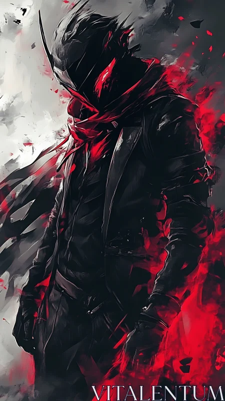 Shrouded raven warrior engulfed in crimson energy storm.