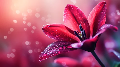 Pink flower with water droplets against bokeh background.