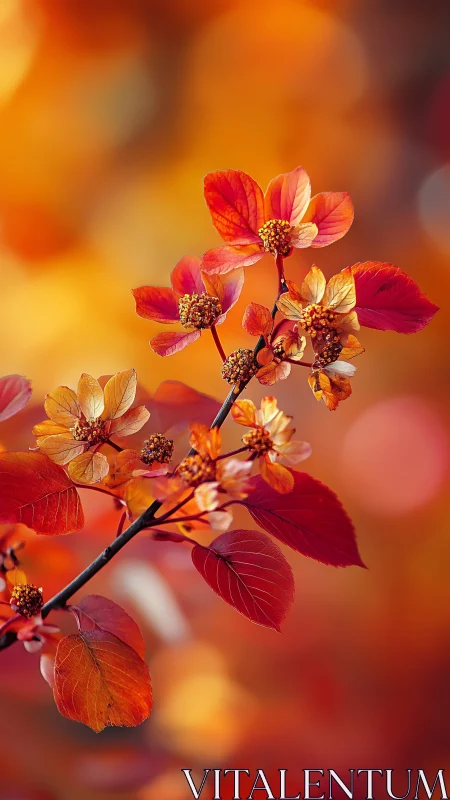 Branch with red-orange leaves against blurred warm background.