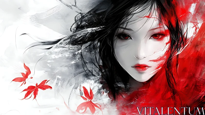 Monochrome female portrait sliced by red abstract brushstrokes