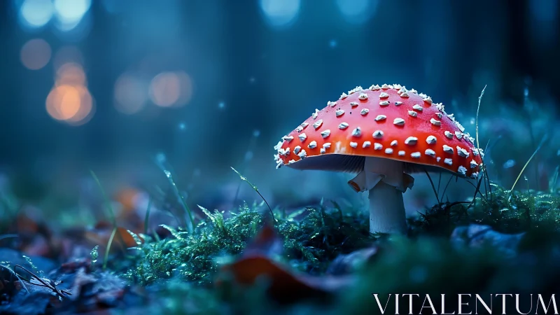 Photorealistic fly agaric macro with cinematic forest bokeh.