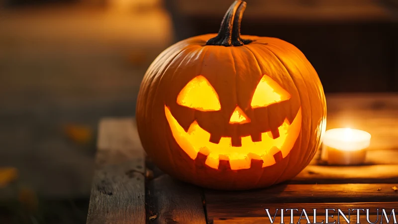 Illuminated carved jack o lantern on wooden table at dusk