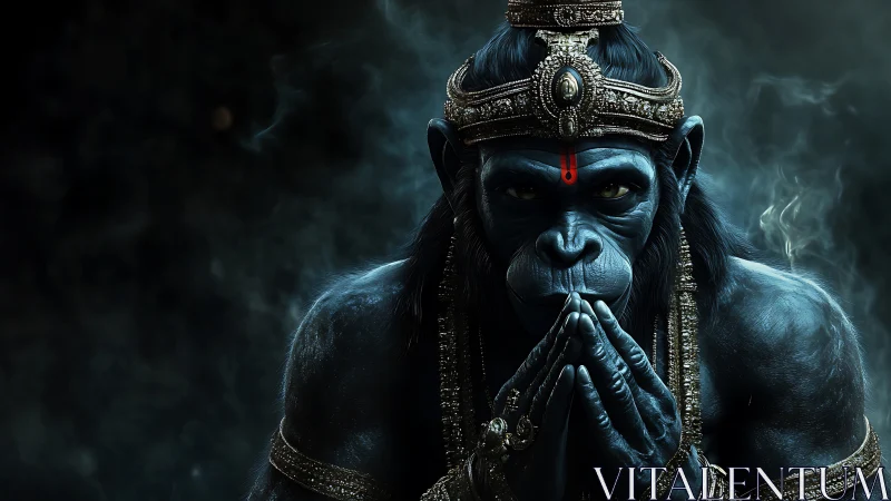 Digital painting of divine simian warrior in chiaroscuro focus.