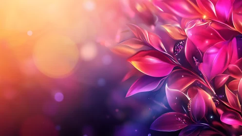 Vibrant neon leaves with glowing bokeh gradient background.