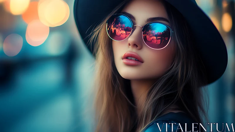 Urban portrait with neon reflections in mirrored sunglasses.