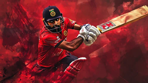 Cricket batter drives ball through intense crimson motion field.