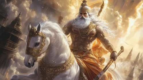 Radiant warrior on a white horse riding through golden skies.