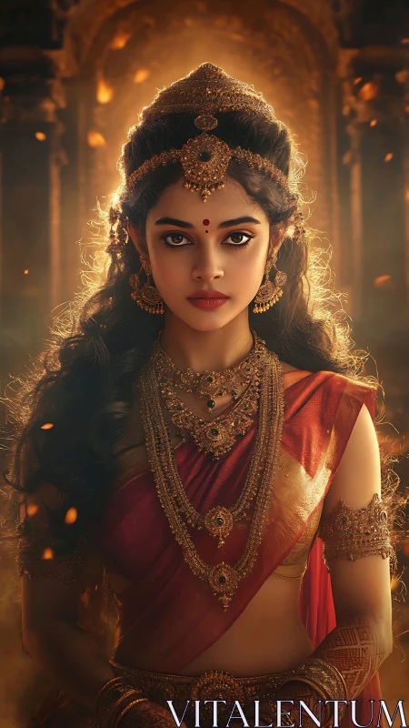 Ritual portrait of jeweled goddess figure in temple light.