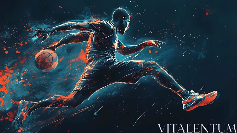 Dynamic basketball player captured midair in neon motion