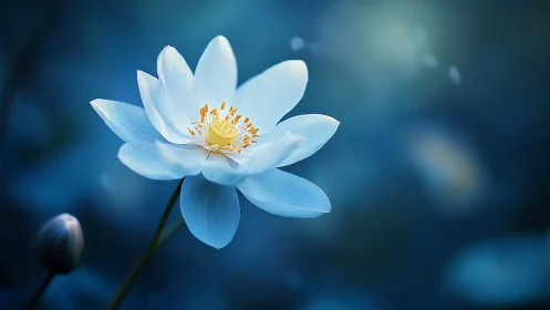 White lotus bloom with yellow center against dark blue background.