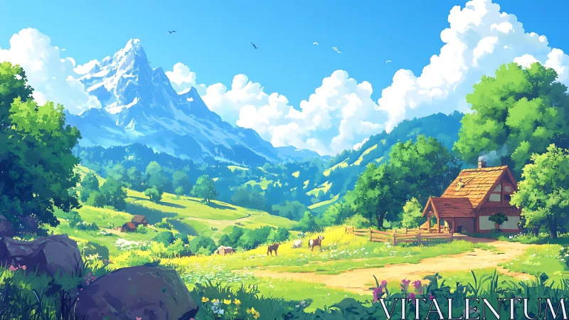 Sunny cottage valley beneath bright whispering mountains.