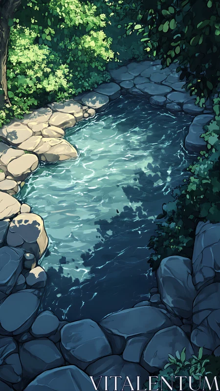 Shaded rock-lined forest pool with dappled sunlight reflections.