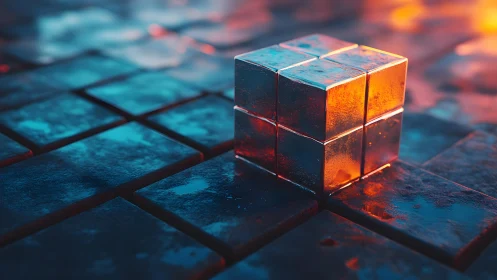 Metallic cube on glowing grid of reflective tiles.