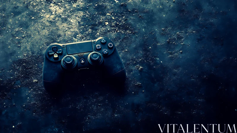 Game controller on textured dark surface under cool light.