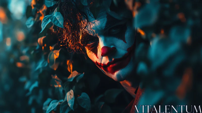 Clown painted face emerges from dense foliage in low light