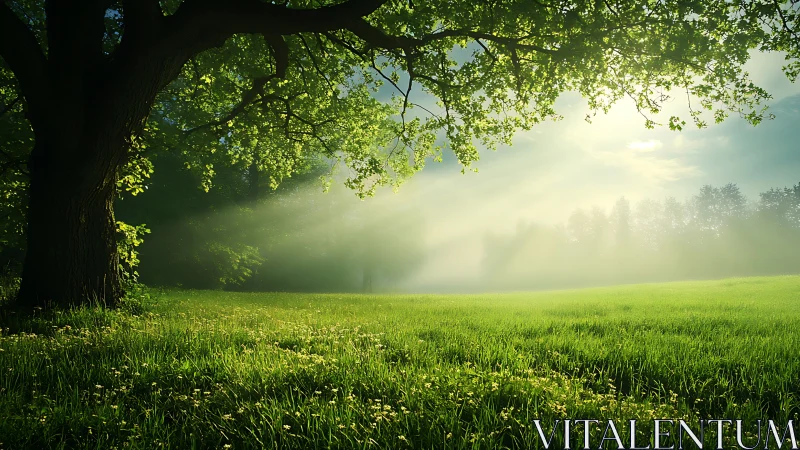 Backlit meadow landscape renders volumetric sunbeams through foliage