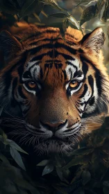 Tiger face fills dense jungle frame with intense golden gaze