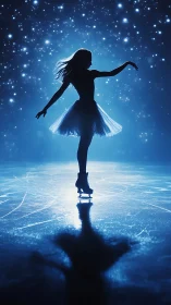 Silhouetted ice skater glides beneath a starlit blue sky.