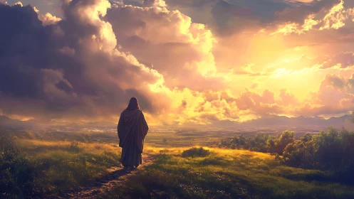 Solitary robed figure walks toward radiant golden horizon.