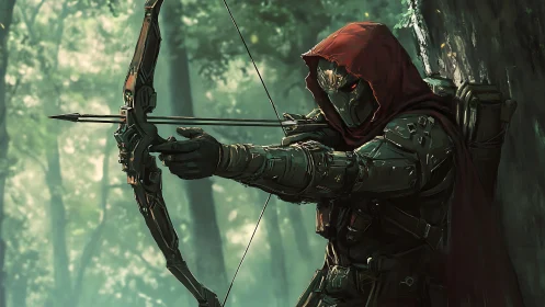 Silent forest archer steadies a glowing arrow in calm focus