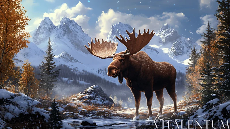 Bull moose stands in snowy alpine valley under cold sun.