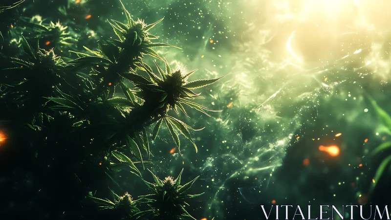 Starlit cosmic cannabis garden drifting toward auroras.