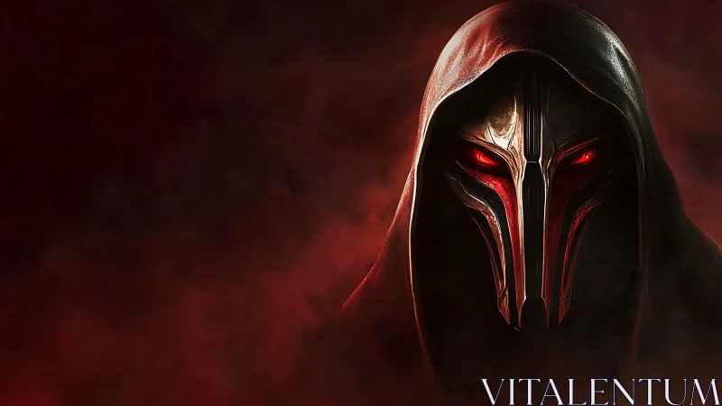 Hooded cyber mask emerges from crimson smoke in darkness