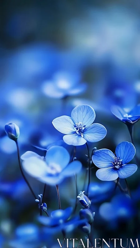 Blue flax flowers with white petals and buds in soft focus field.
