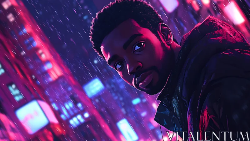 Rain-soaked neon portrait in oblique cyberpunk cityscape frame