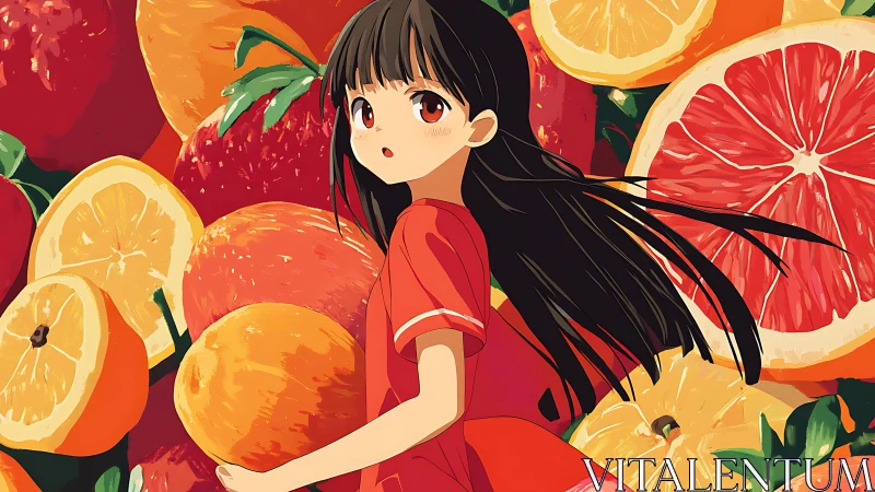 Anime girl in red contrasts with oversized citrus collage background
