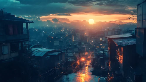 Rainy hillside city street at sunset with wet roofs.