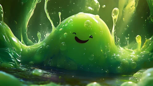 Smiling green slime creature erupts amid glowing liquid splash