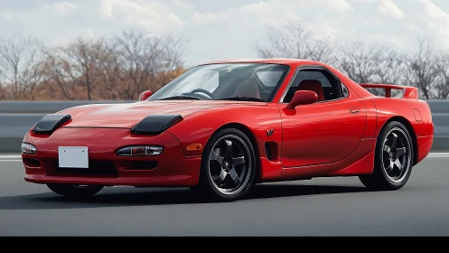 Red sports coupe on highway with raised headlamps in motion.
