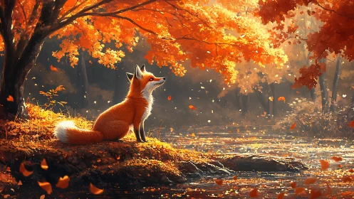 Red fox resting by reflective autumn river under orange canopy