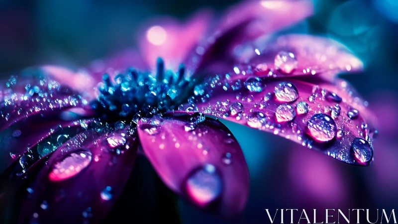 Macro surface with water droplets under neon illumination displaying chromatic separation