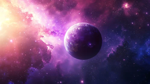 Luminous purple planet drifts through radiant cosmic nebula