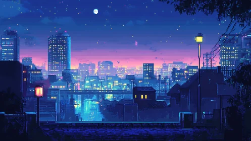 Cozy pixel city sunset glowing with soft twilight colors.