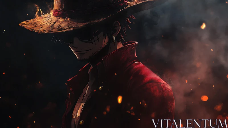 Smoldering outlaw in red coat amid drifting ember dusk.